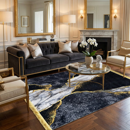 1.5 x 2m 3D Abstract Marble Design Carpet Black & Gold