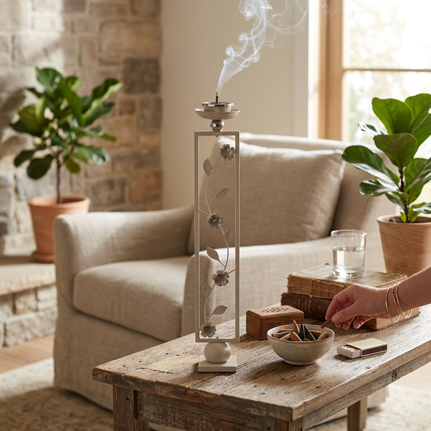 Floral Design Incense Burner Beige