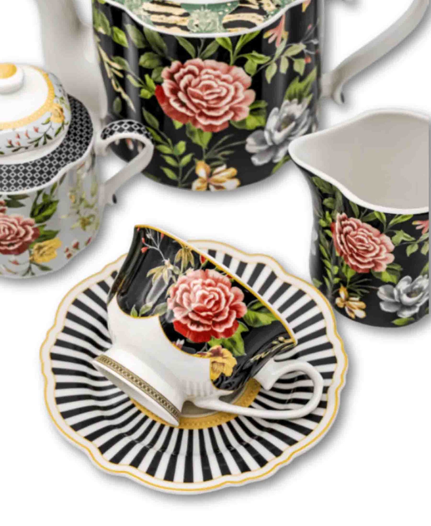 Jenna Clifford Botanica Rose Cup & Saucer - Black & White