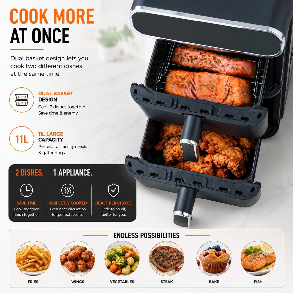 Kenwood Vertical Duo 11Lt Dual Basket Air Fryer Black