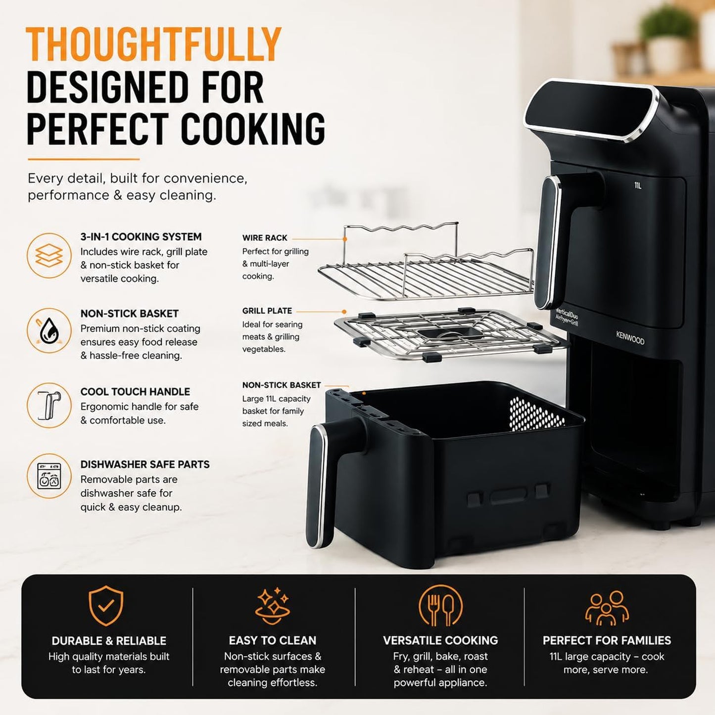 Kenwood Vertical Duo 11Lt Dual Basket Air Fryer Black