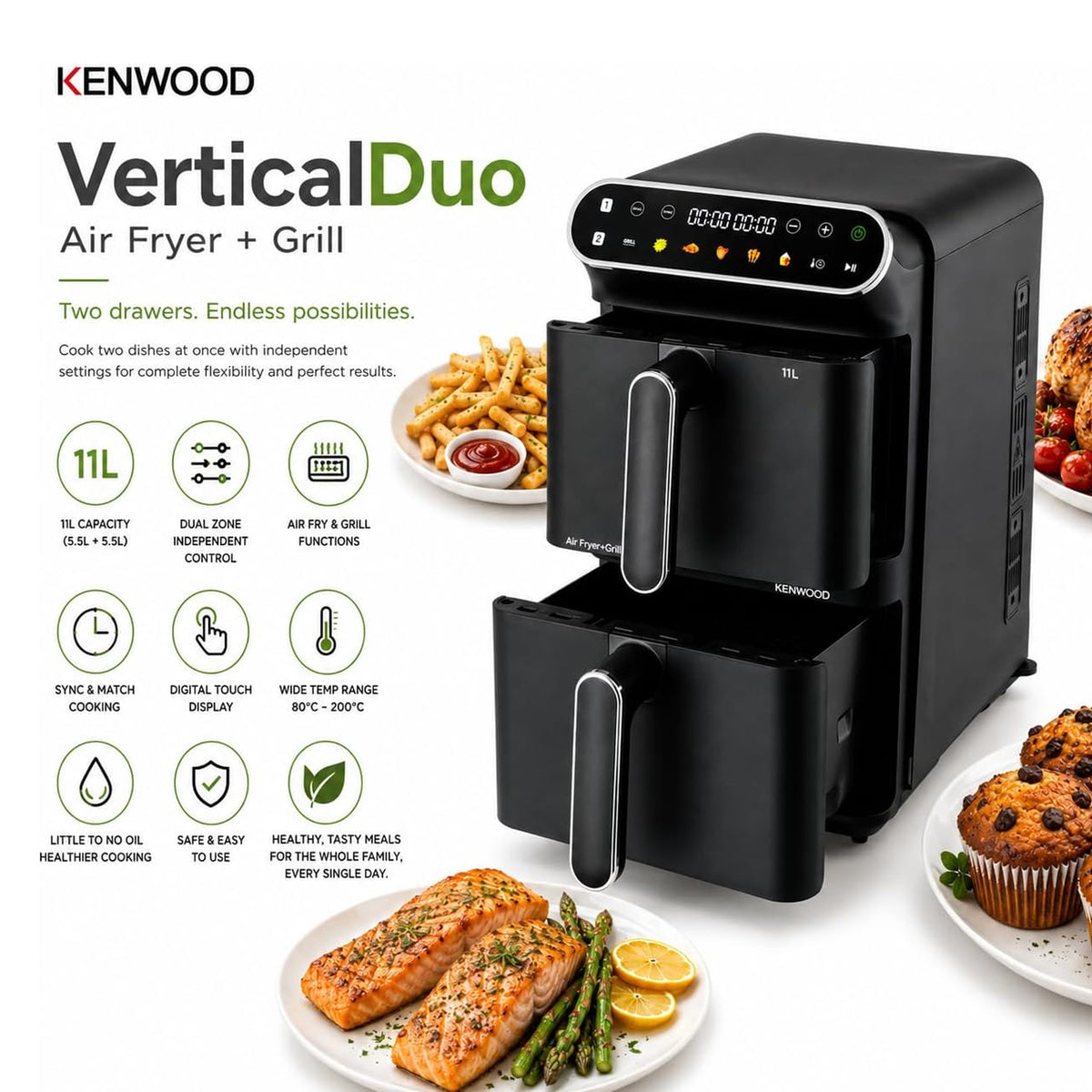 Kenwood Vertical Duo 11Lt Dual Basket Air Fryer Black