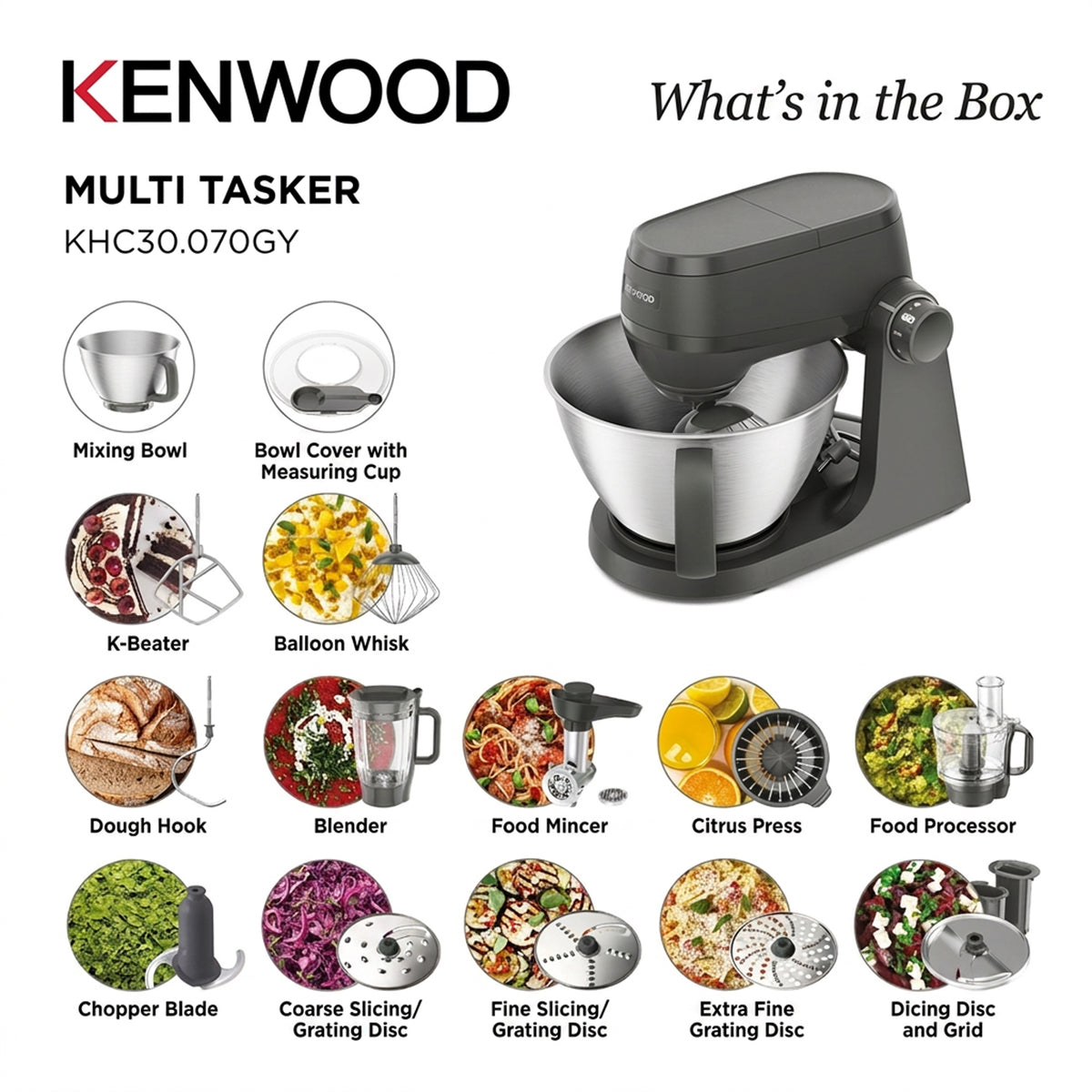 Kenwood Multi Tasker 4.3Lt Stand Mixer With Full Accessories Grey