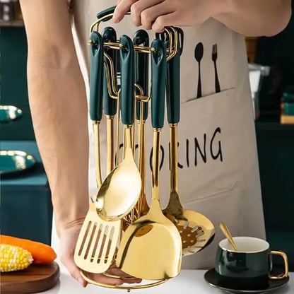 First Home Range 7 Piece Utensil Set Green & Gold