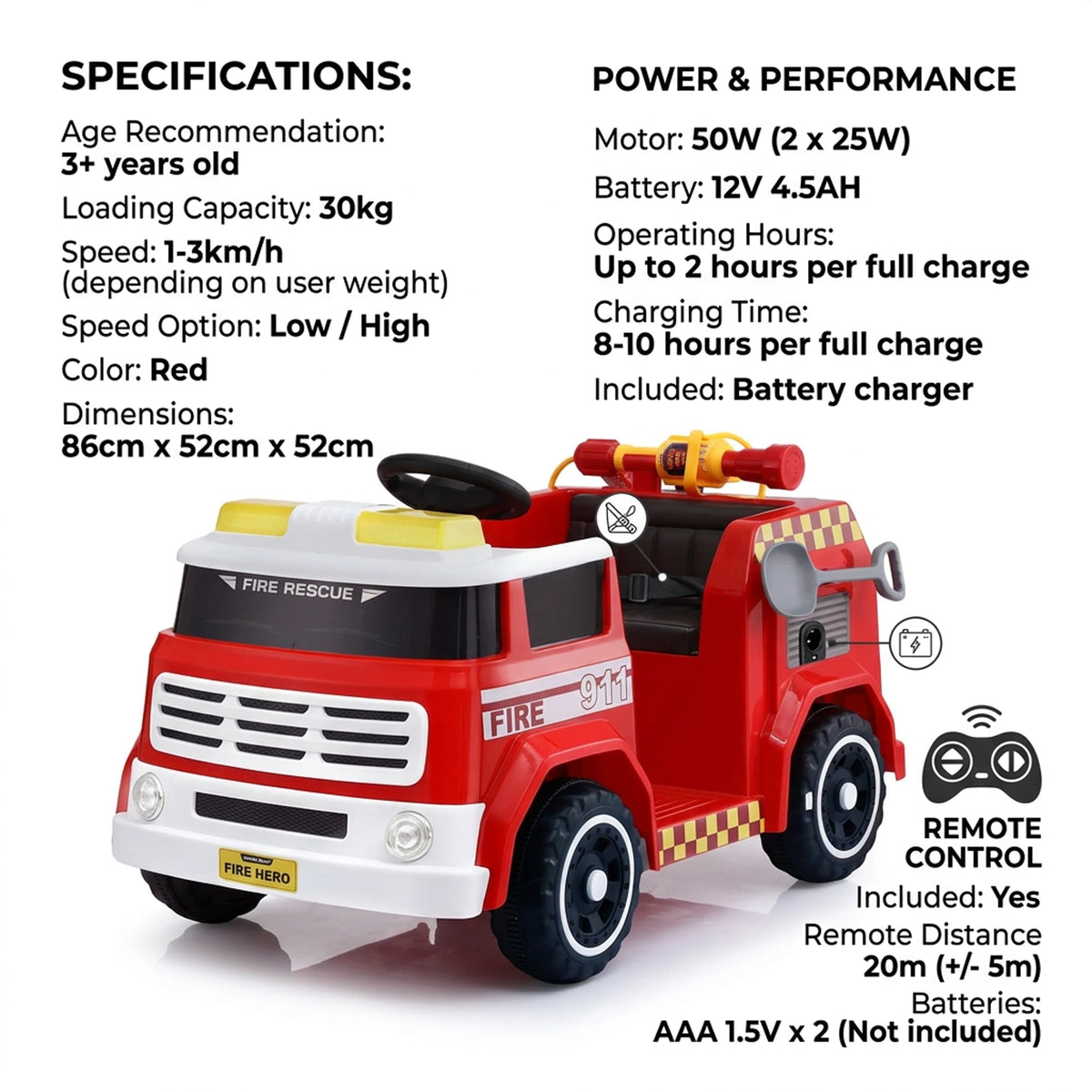 Fire Rescue Kids Electric Ride-On Fire Truck with Water Gun - L911L Pro