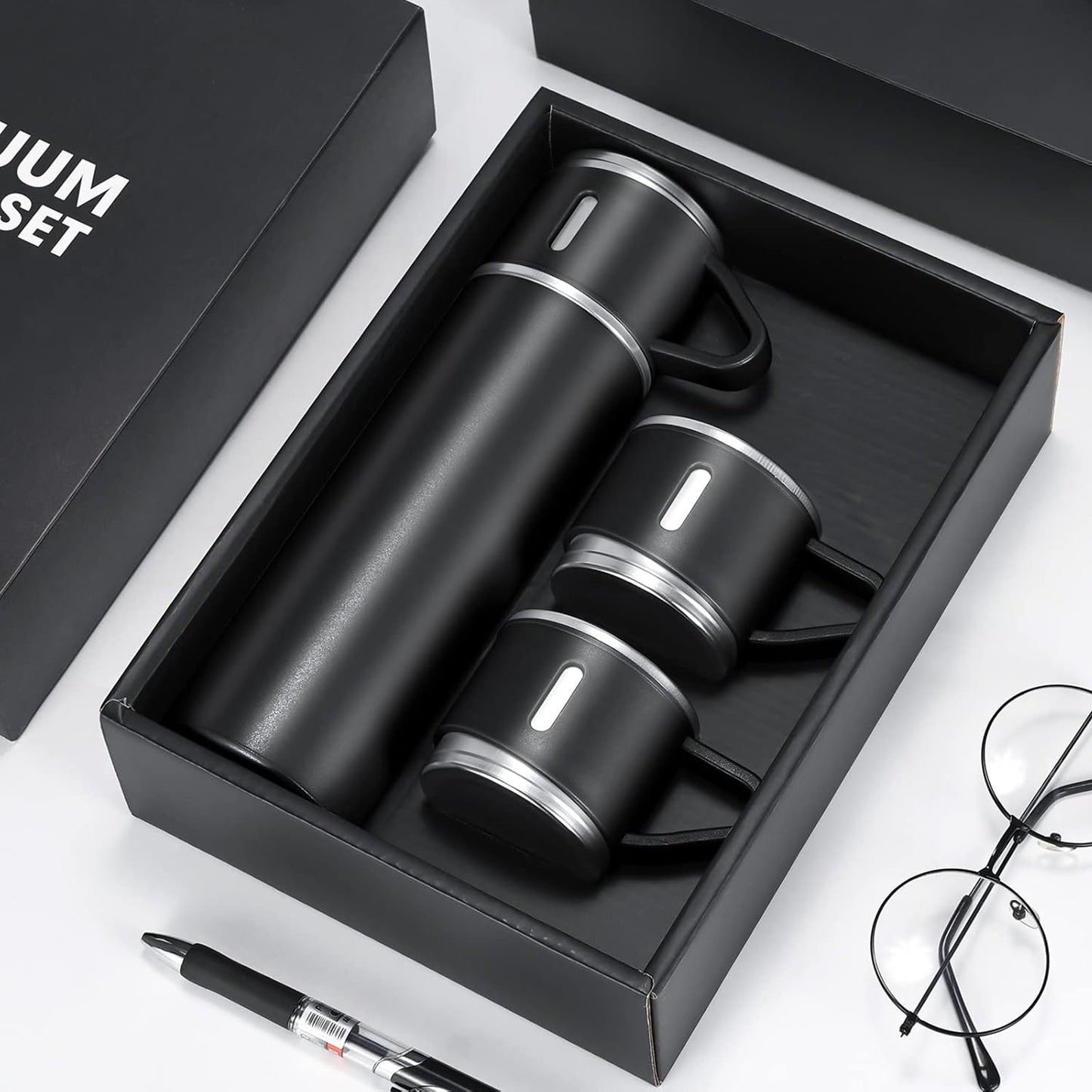500ml Stainless Steel Flask with 3 Cups Black