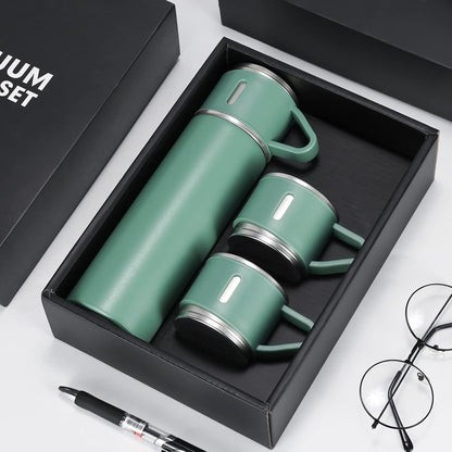 500ml Stainless Steel Flask with 3 Cups Green