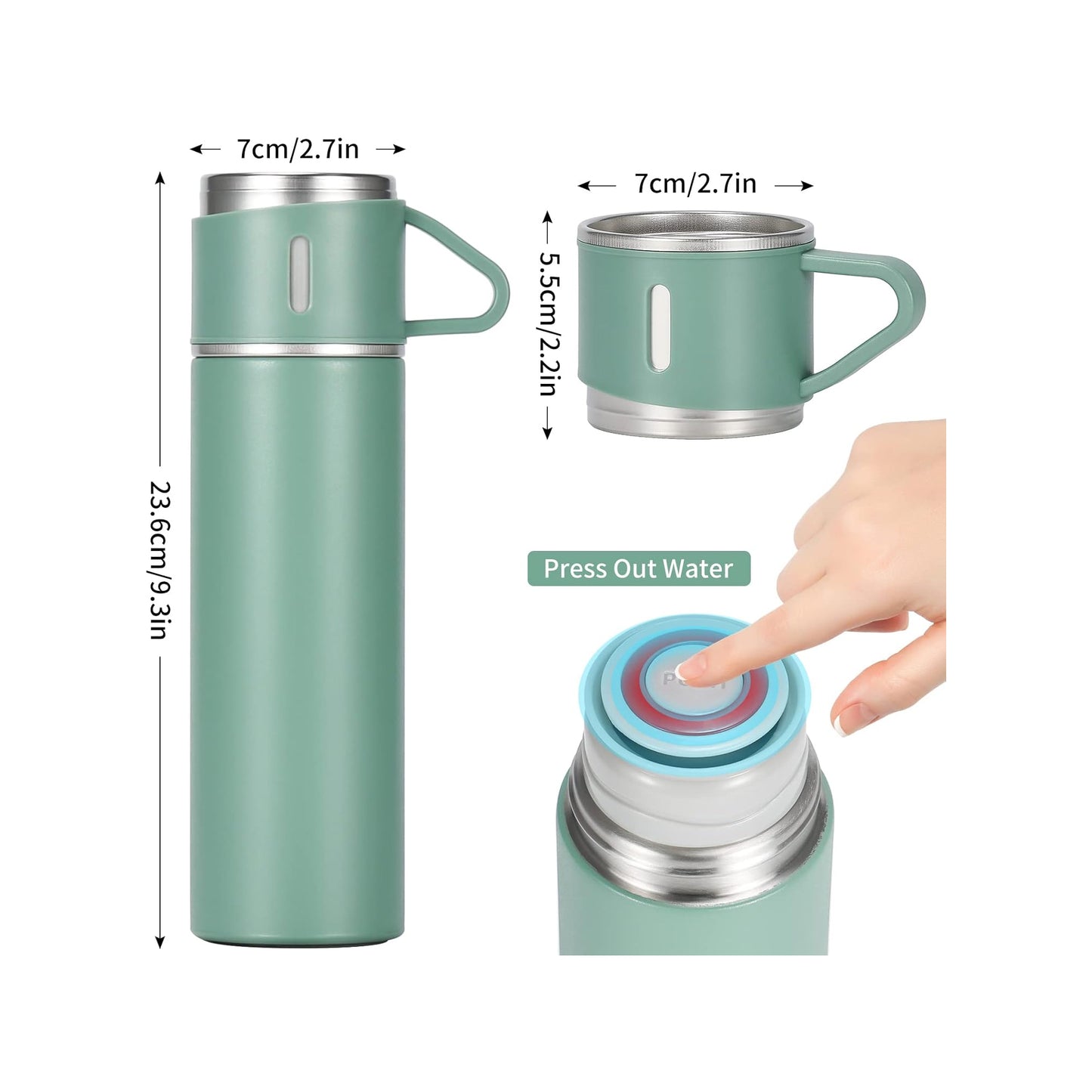 500ml Stainless Steel Flask with 3 Cups Green