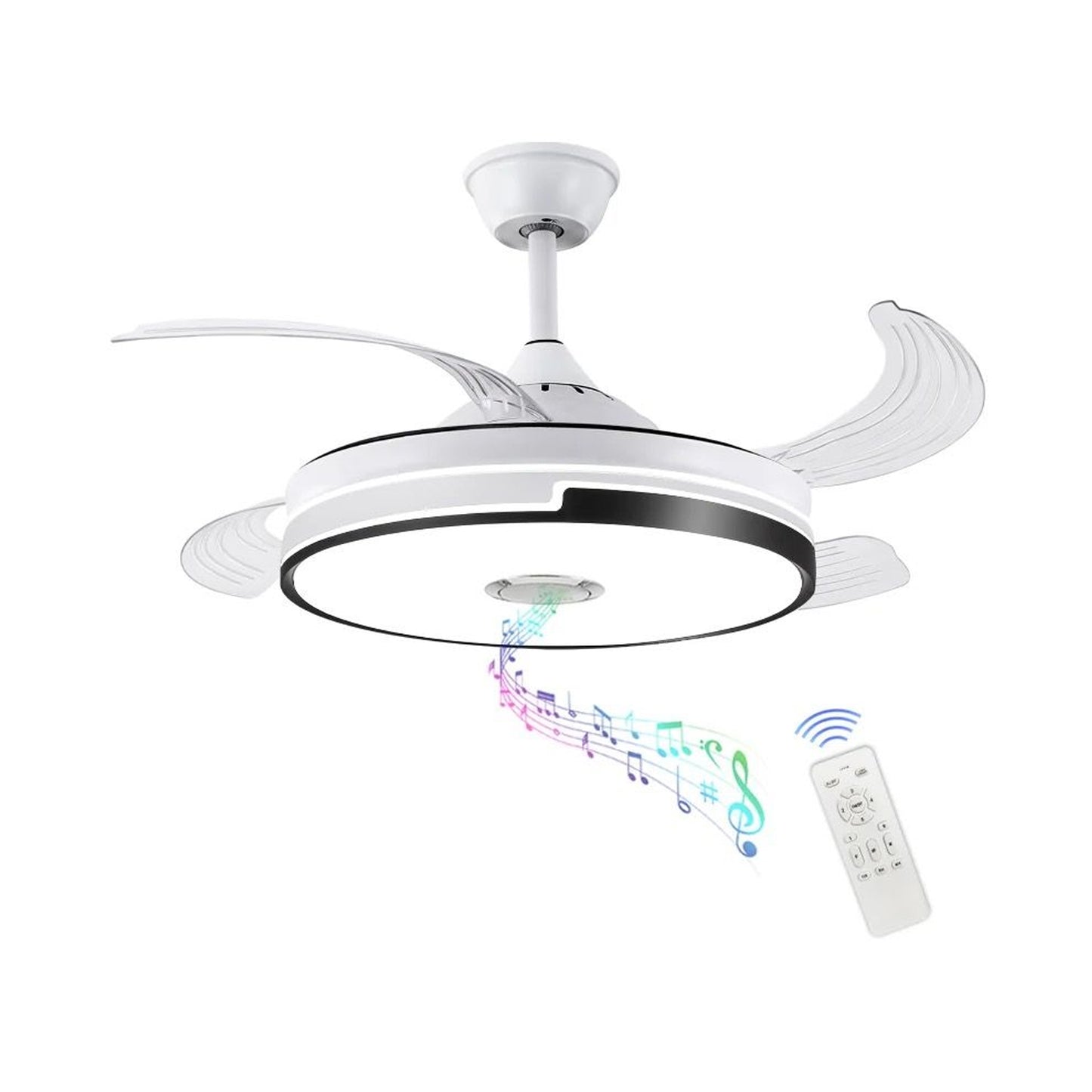 Exotic Designs Multipurpose Retractable Ceiling Fan LED Light with Bluetooth Speaker Clear & White