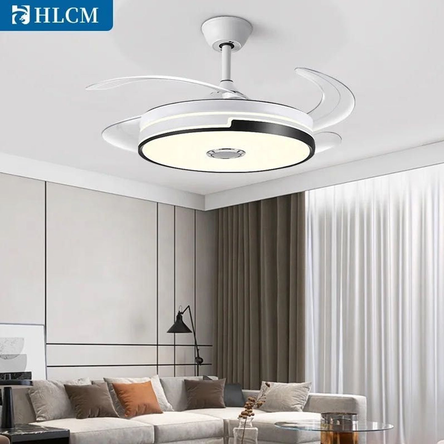 Exotic Designs Multipurpose Retractable Ceiling Fan LED Light with Bluetooth Speaker Clear & White