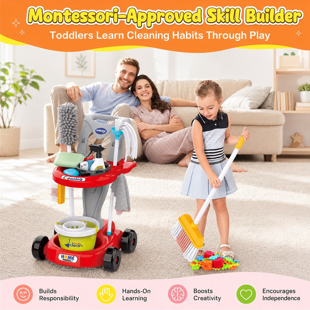 Little Helper Cleaning Cart Set with Vacuum Cleaner Red
