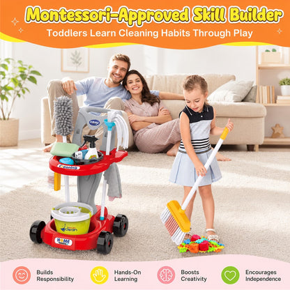 Little Helper Cleaning Cart Set with Vacuum Cleaner Red