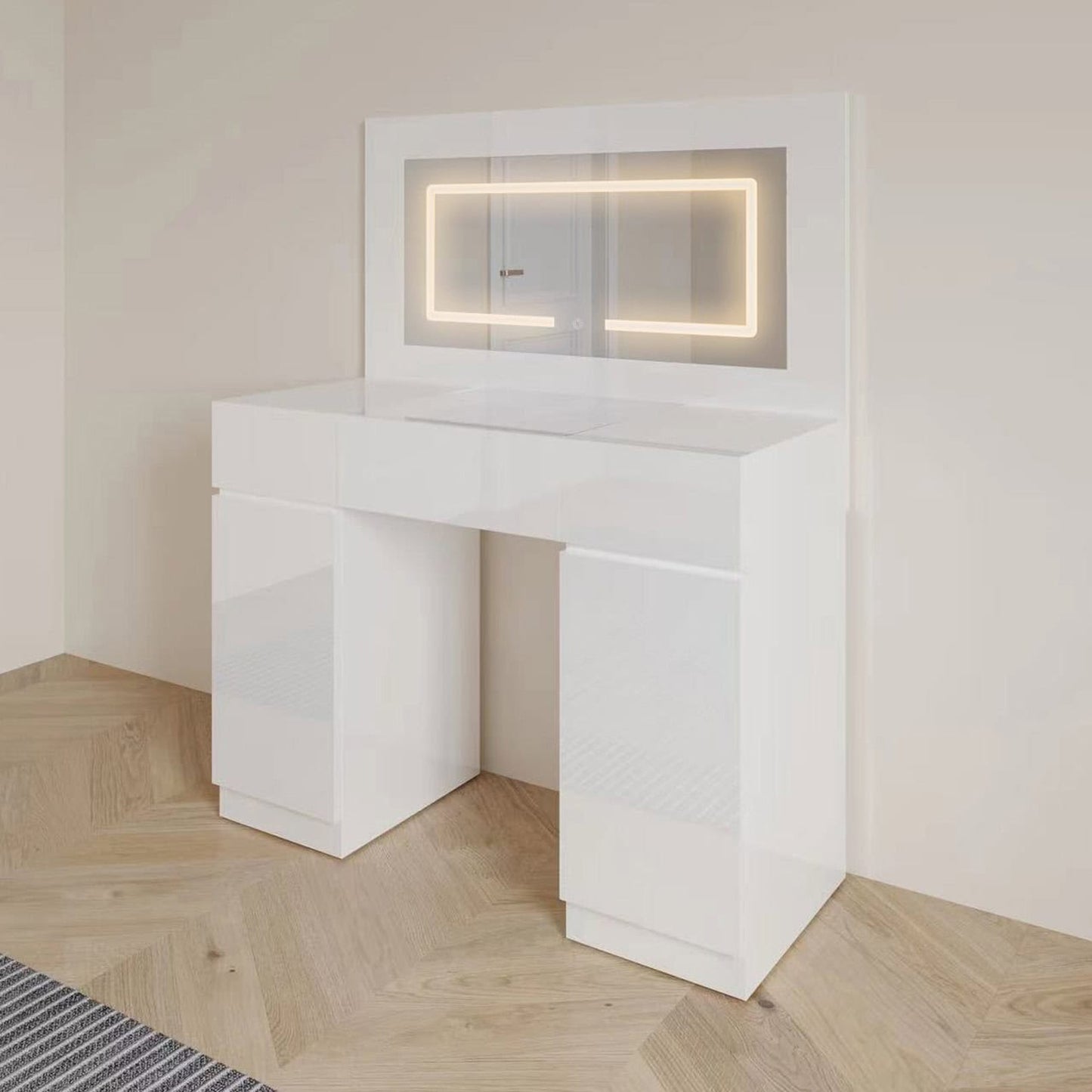 Exotic Designs Modern LED Vanity Dressing Table With Built-In Mirror Lights White