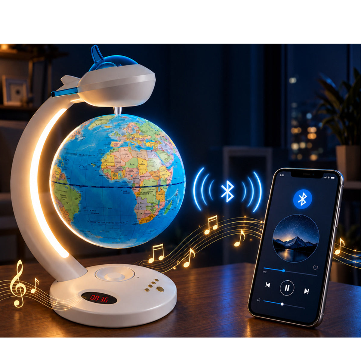 Magnetic Levitation Globe with Bluetooth Speaker & USB White