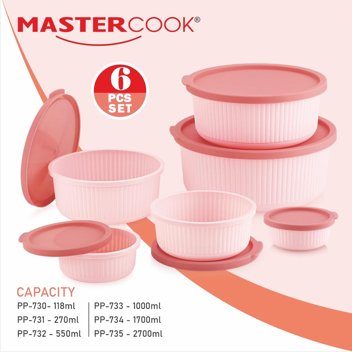 Mastercook Marina 6 Piece Round Container Set Pink