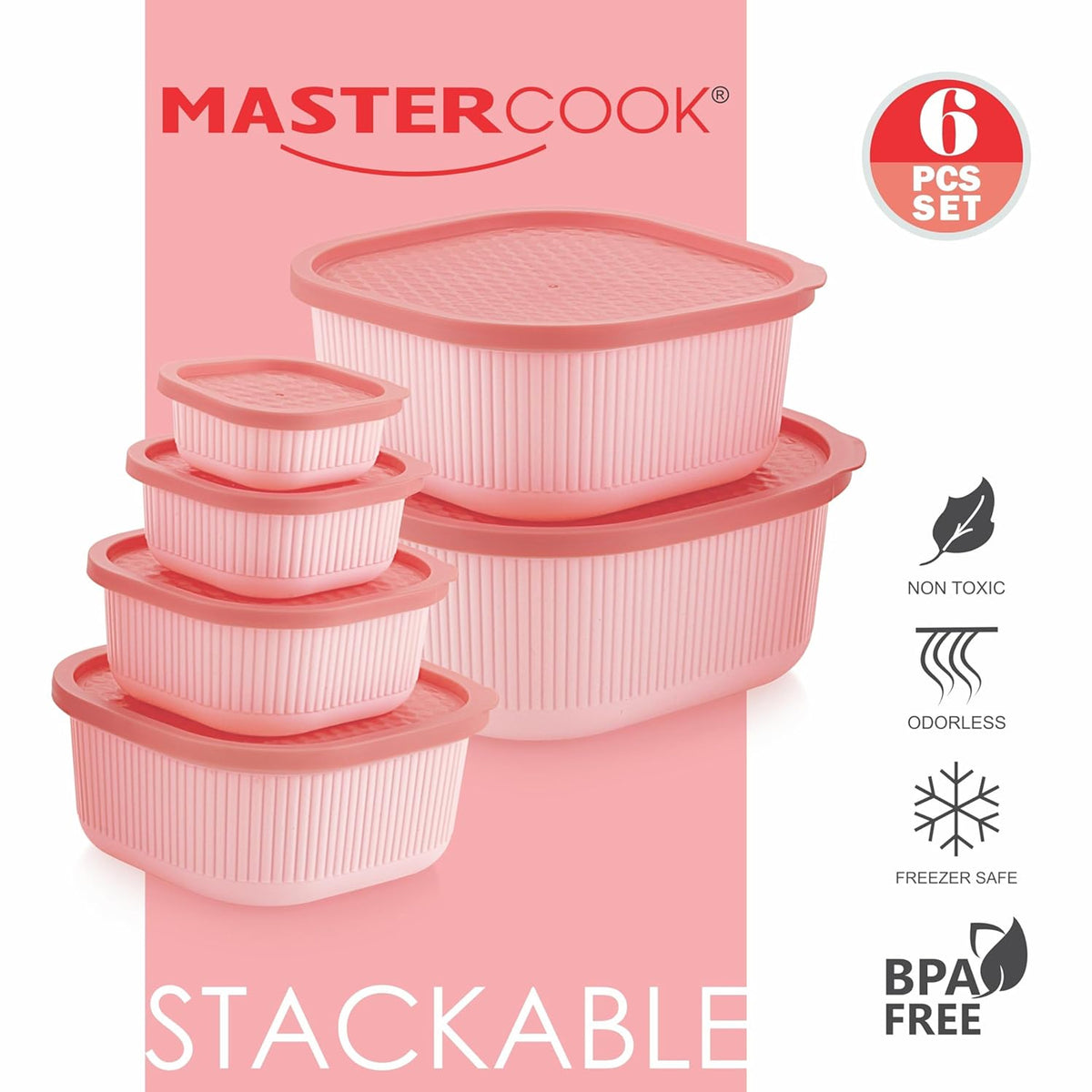 Mastercook Marina 6 Piece Square Container Set Pink