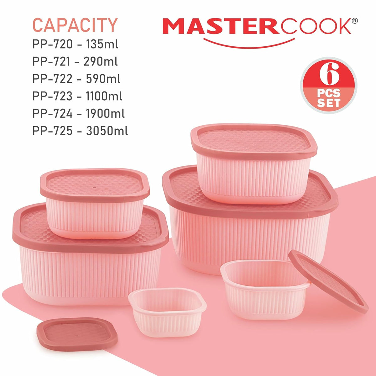 Mastercook Marina 6 Piece Square Container Set Pink
