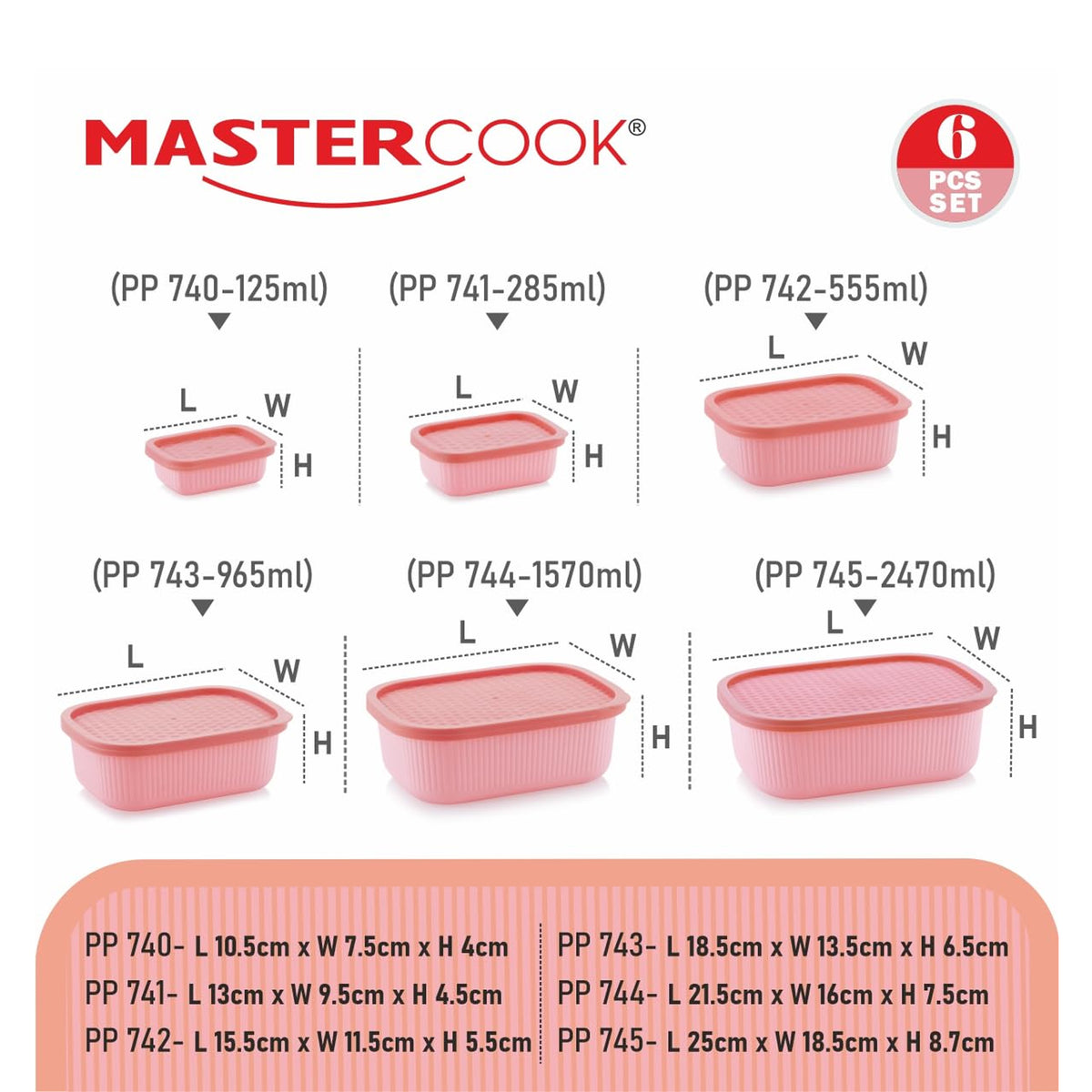 Mastercook Marina 6 Piece Rectangular Container Set Pink
