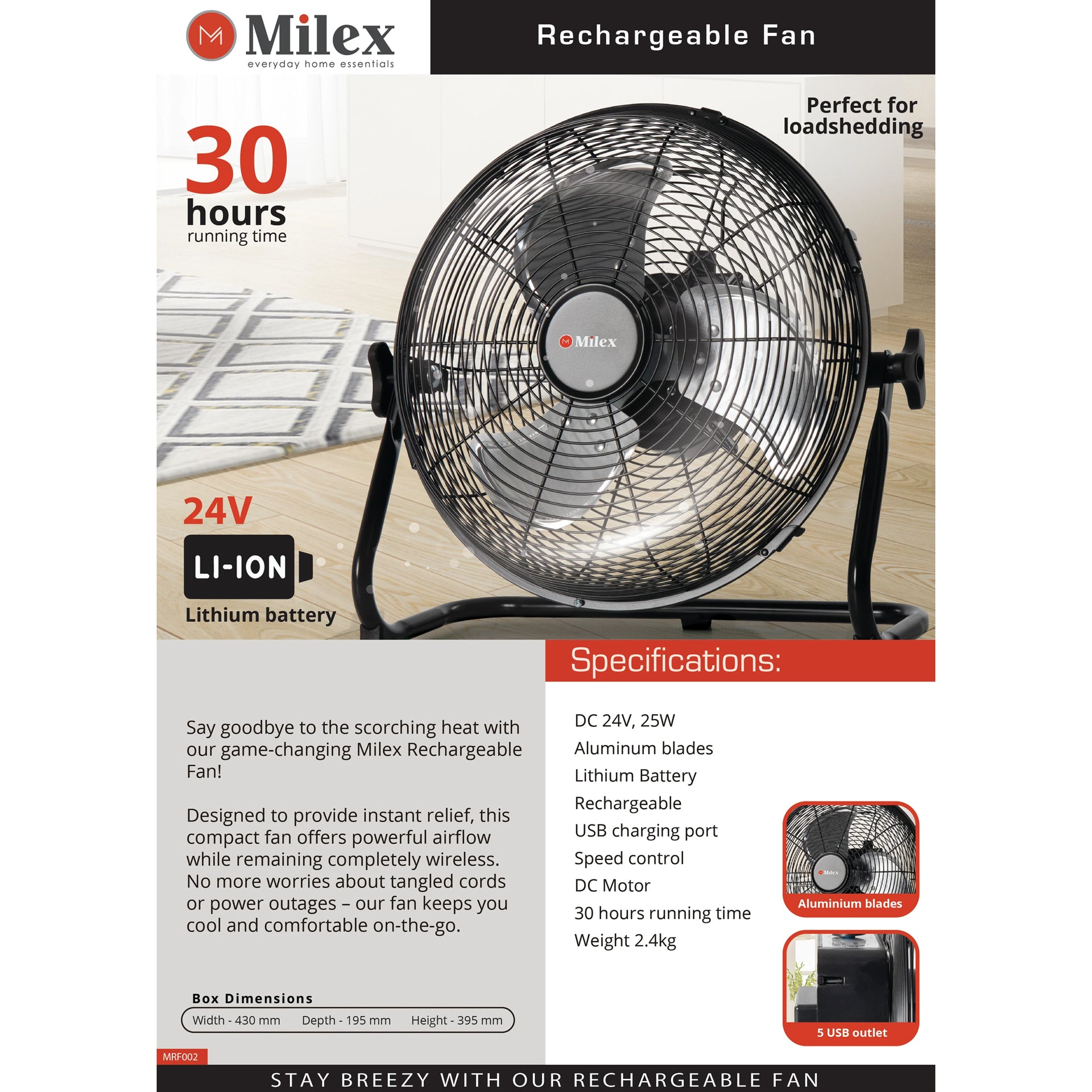 Milex 12" Rechargeable Floor Fan Black