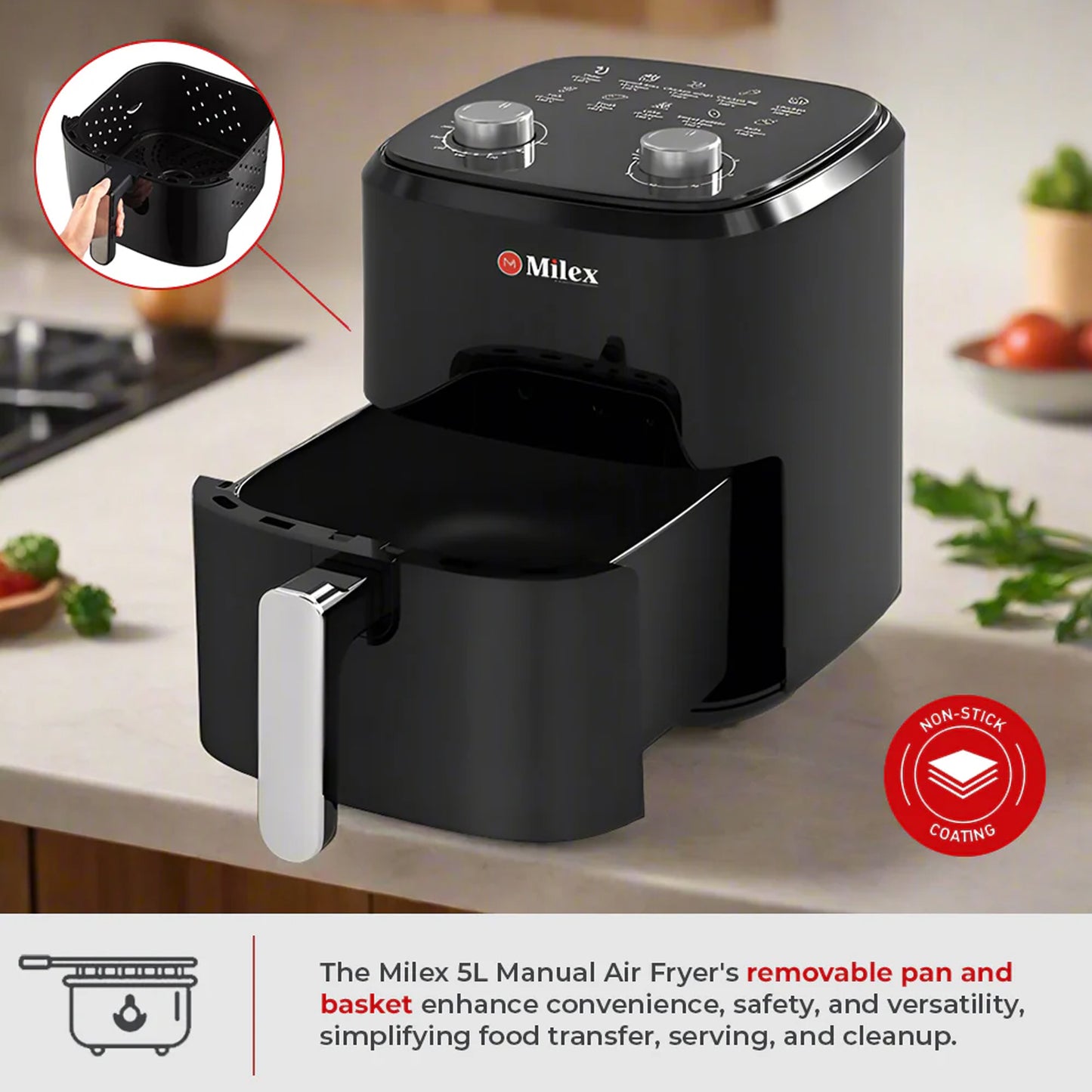 Milex 5Lt Manual Air Fryer Black