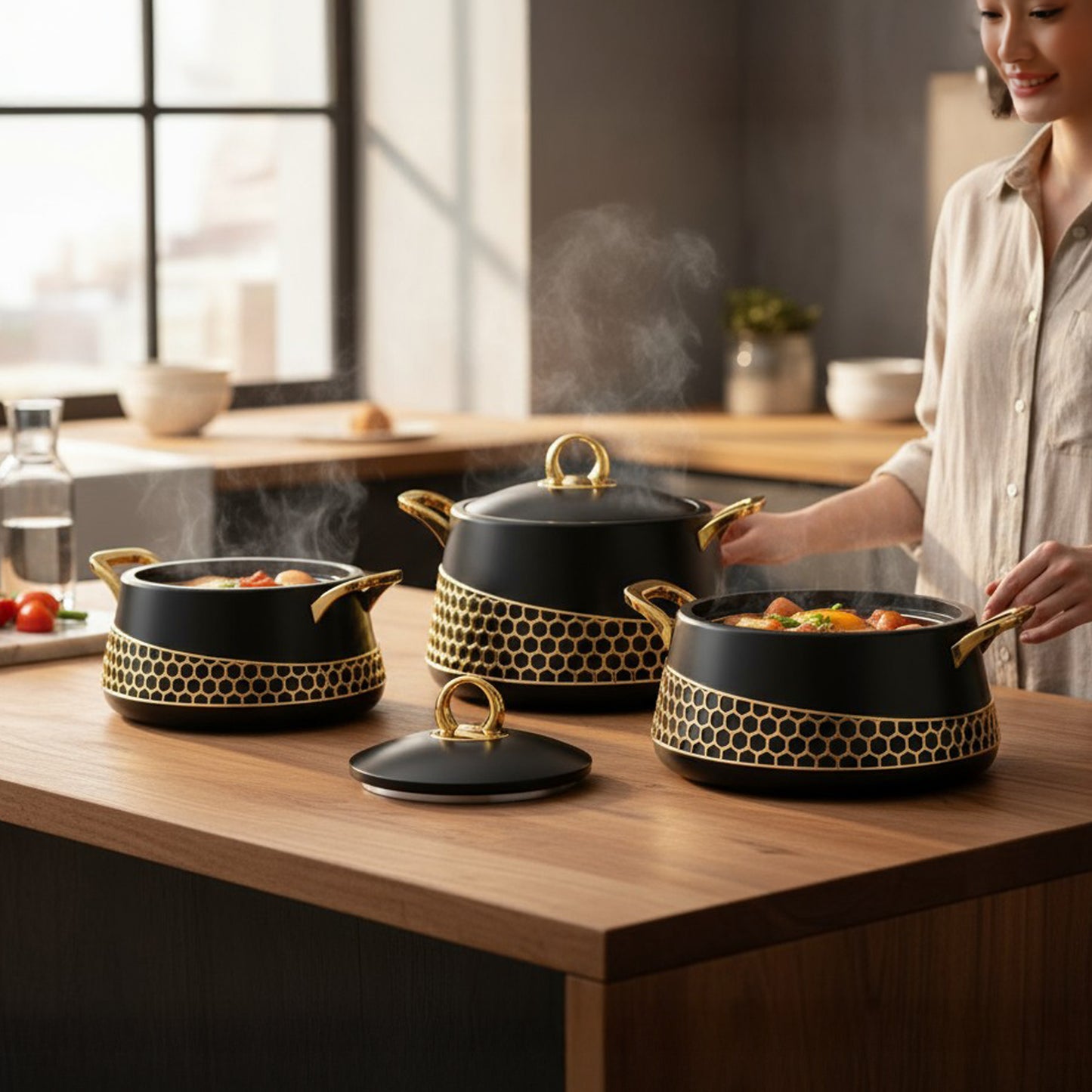 Kitchen Life 3 Piece Stainless Steel Hot Pot Set Plain Black & Gold