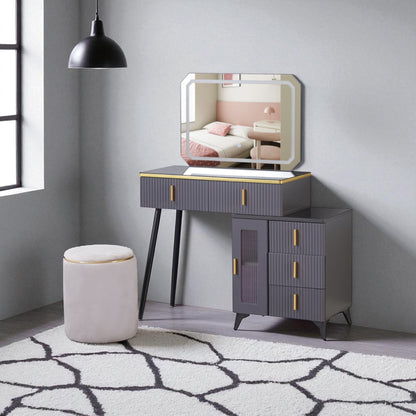 Exotic Designs Modern Dressing Table Set with LED Mirror Grey & Gold