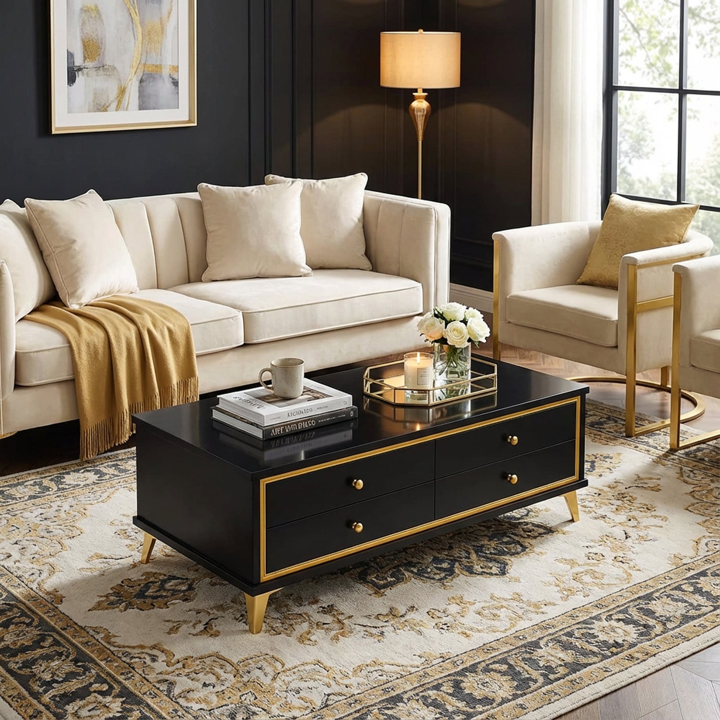 Modern 4 Drawer Coffee Table Black & Gold