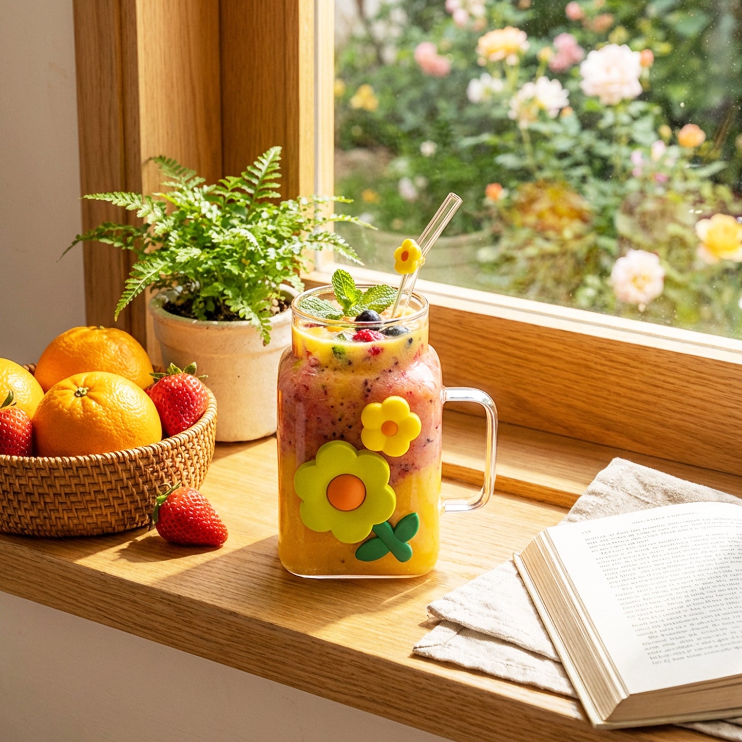 Mug with Flower Design Green & Yellow