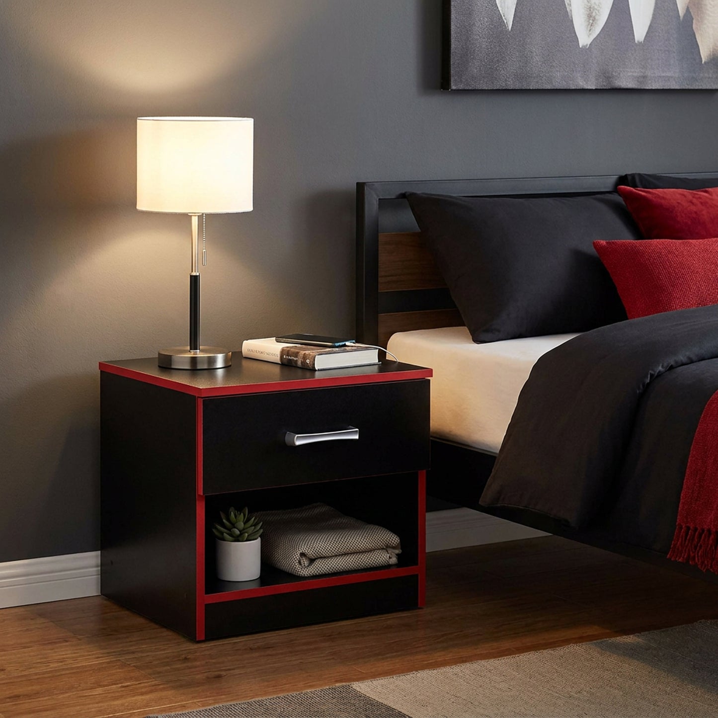 Dual Space Nightstand Black & Red