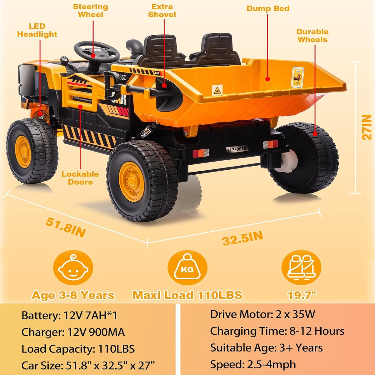 12V 2 Seater Kids Ride-On Construction Dump Truck with Electric Dump Bed - PH007