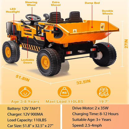 12V 2 Seater Kids Ride-On Construction Dump Truck with Electric Dump Bed - PH007