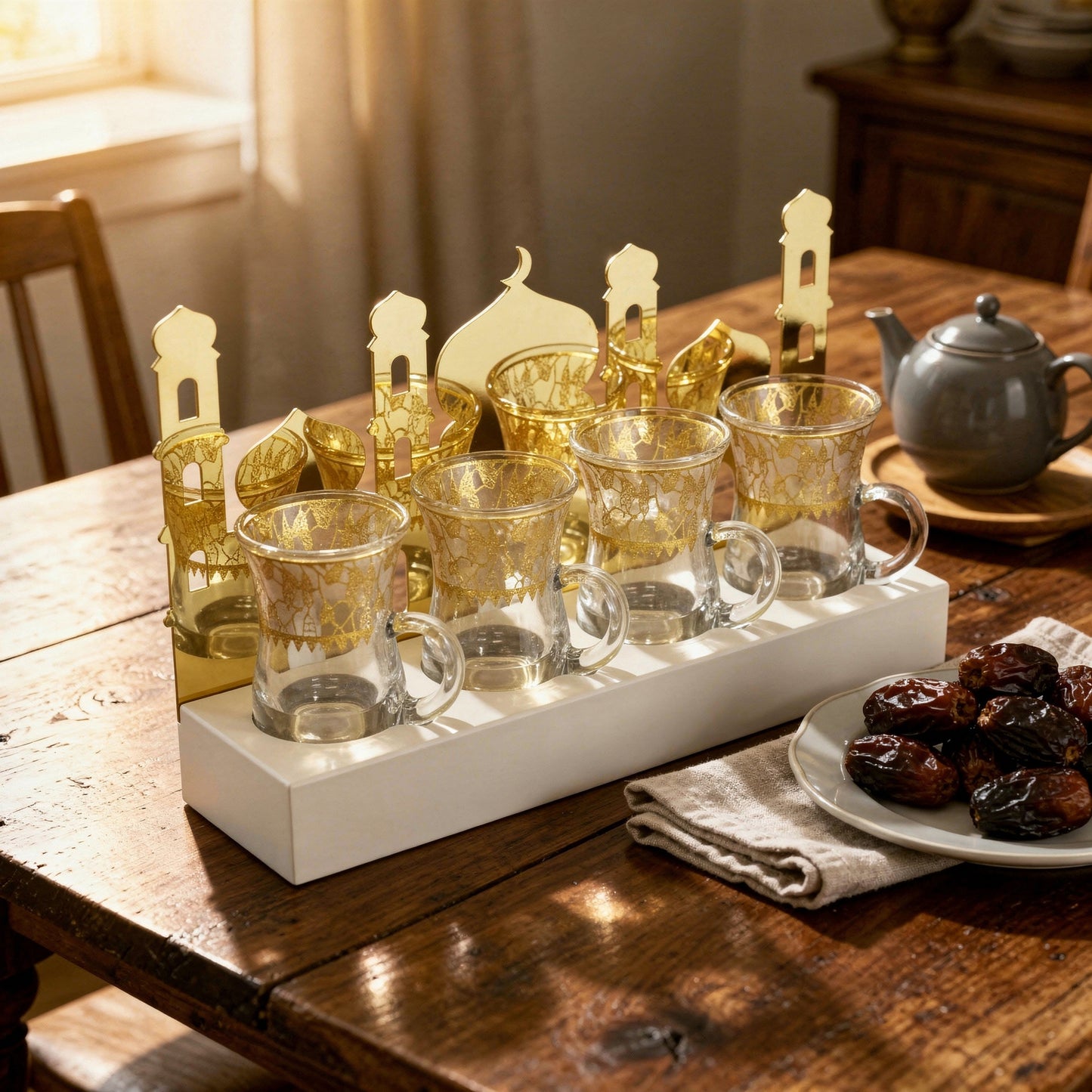 Islamic 4 Piece 100ml Turkish Glass Set Clear & Gold