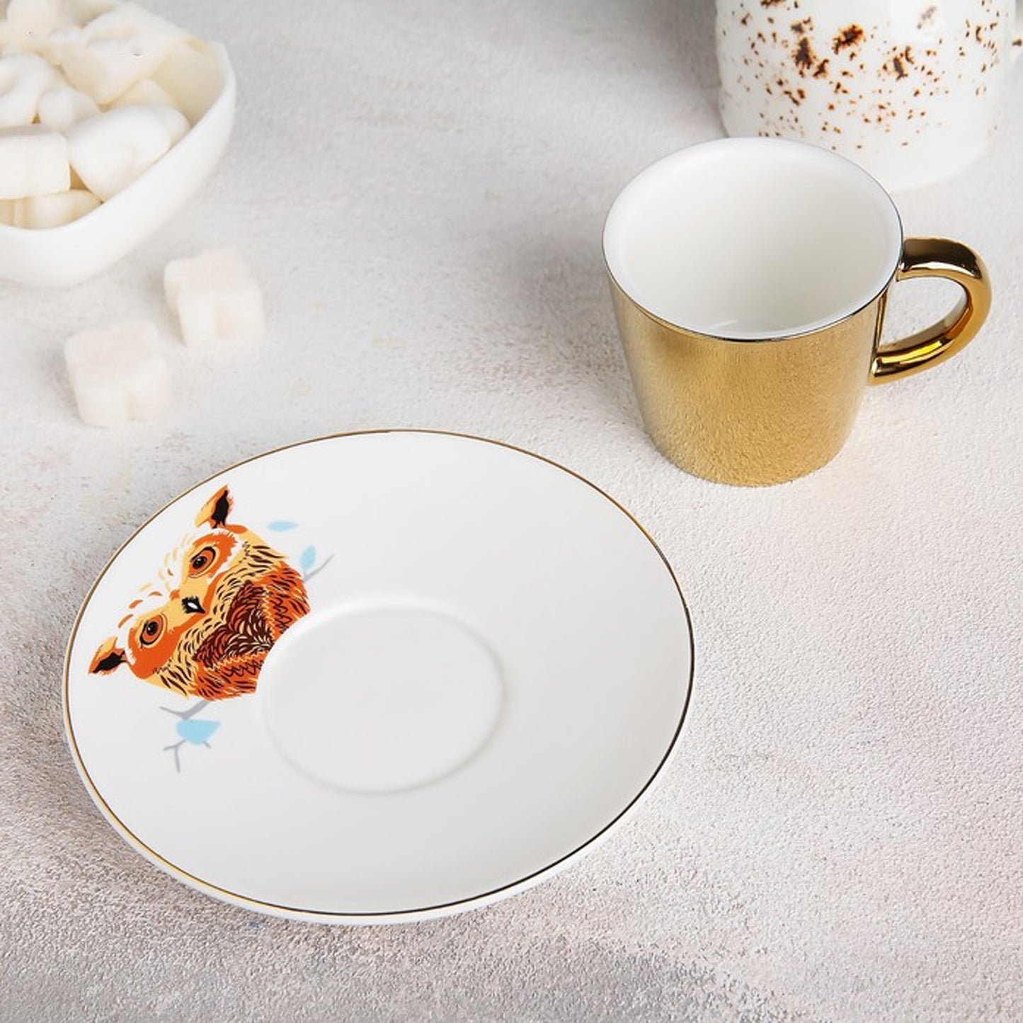 Reflective Owl Design Cup & Saucer Set Gold & White