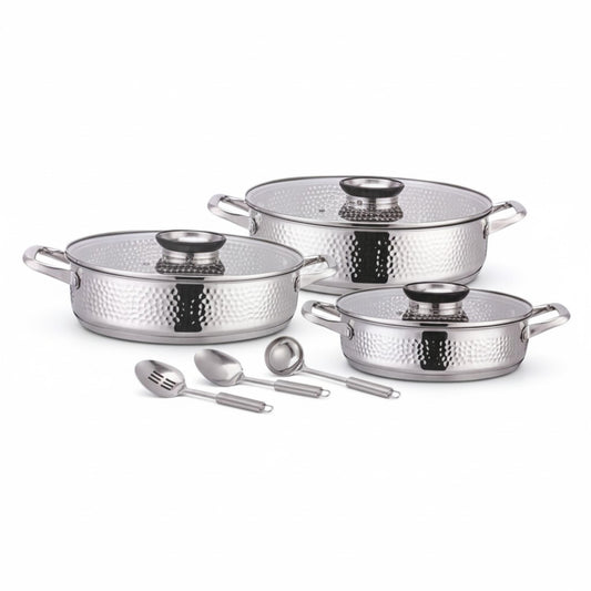 Rolux 9 Piece Hammered Cookware Set Silver