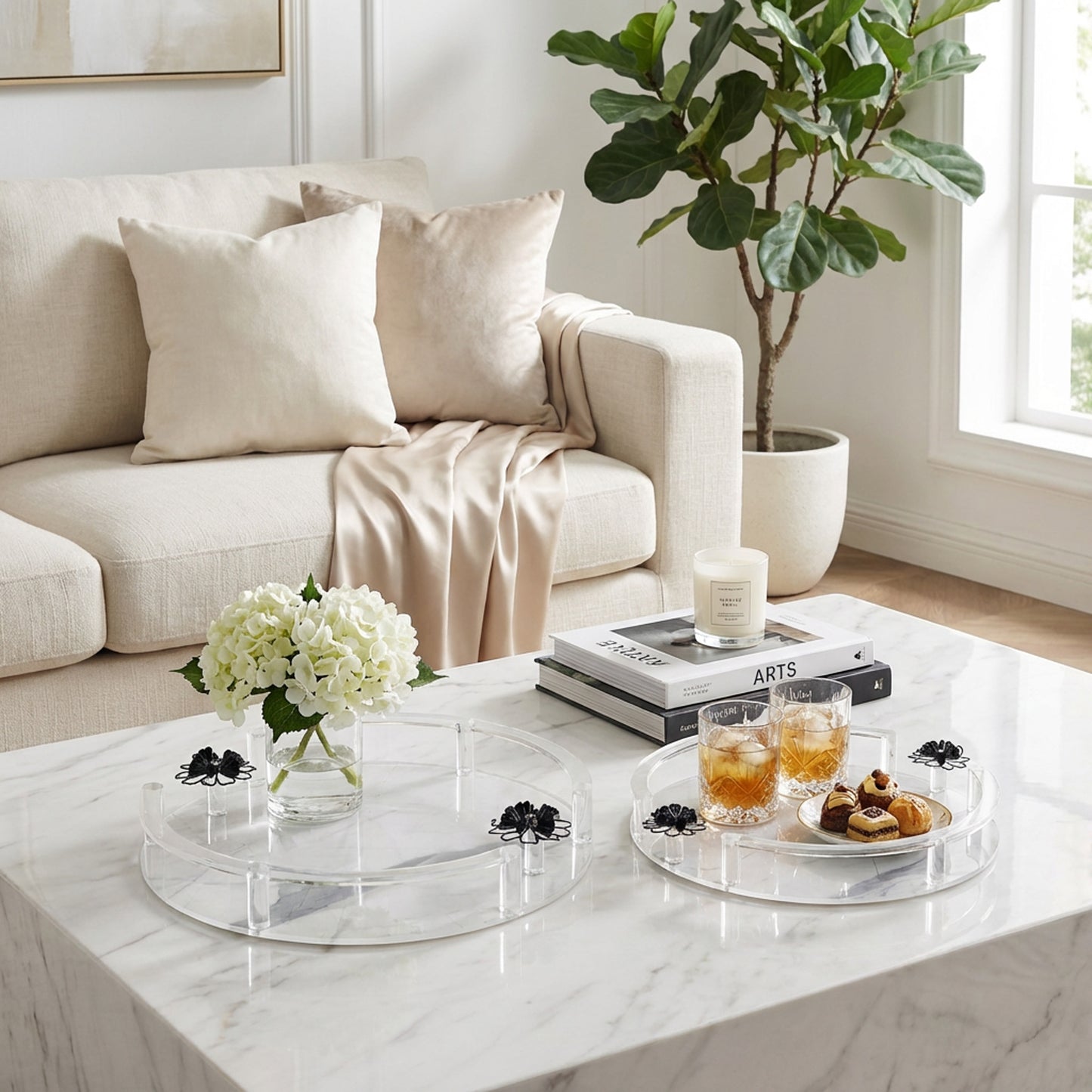 Round Acrylic 2 Piece Floral Print Tray Set Clear