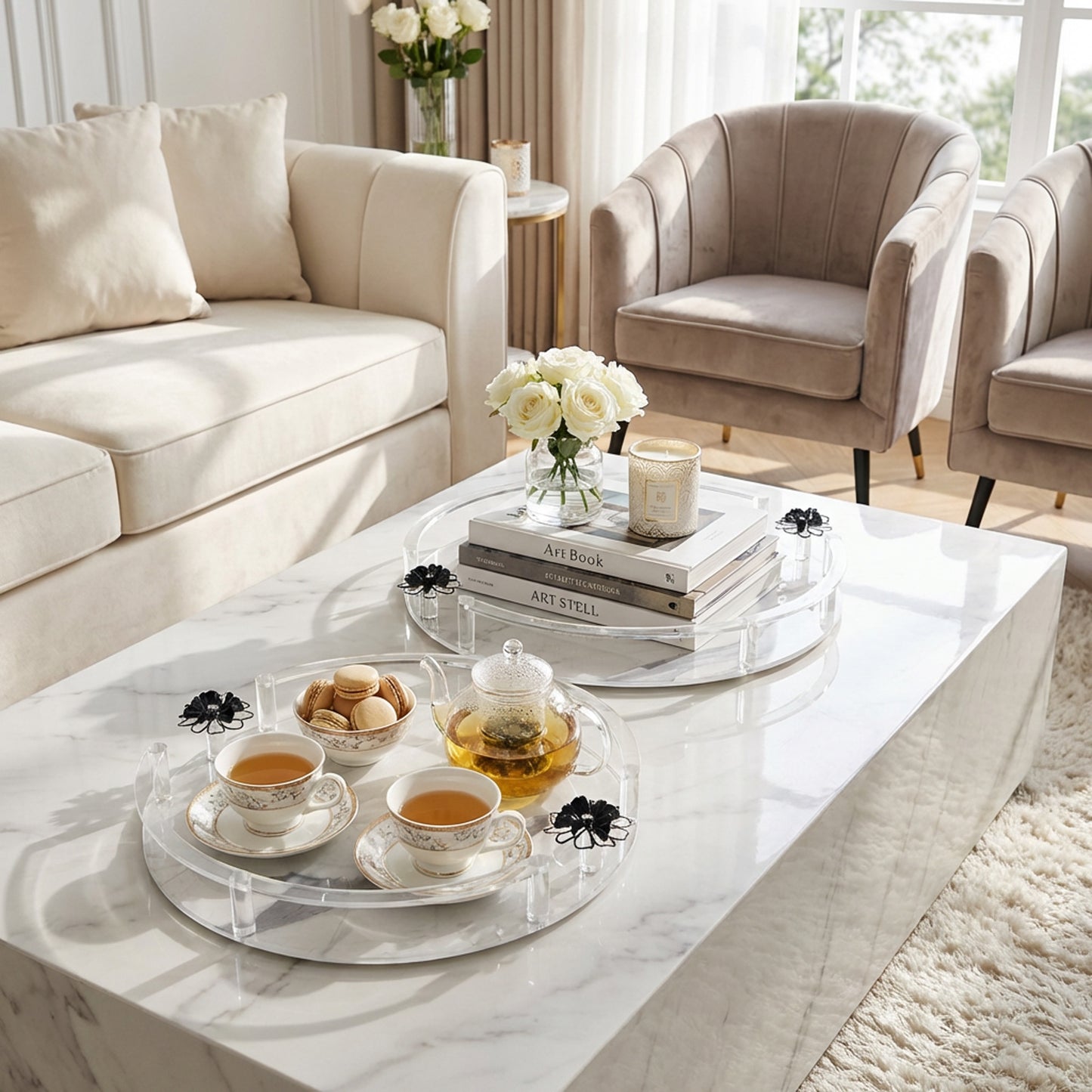 Round Acrylic 2 Piece Floral Print Tray Set Clear