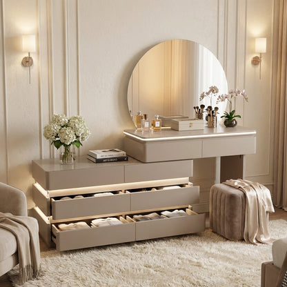 LED Dressing Table with Round Mirror Beige
