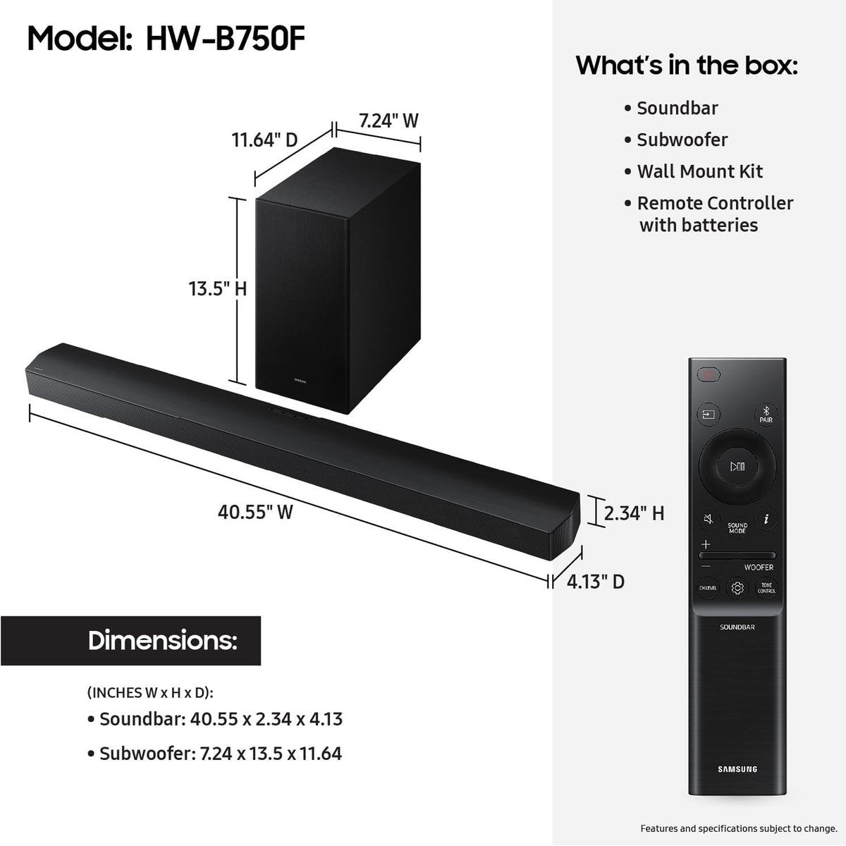 Samsung B-Series Soundbar HW-B750F 5.1ch Sub Woofer Black