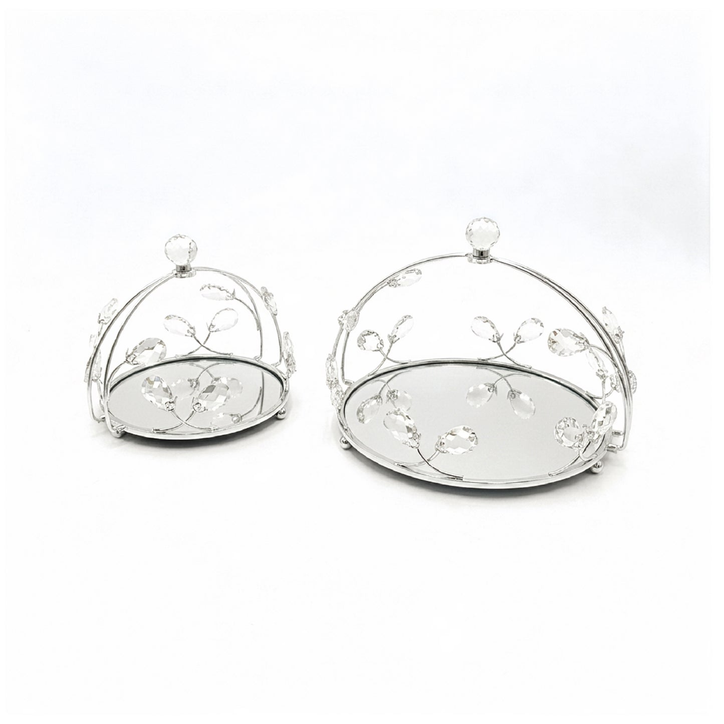 2 Piece Round Mirror Serving Tray Set Silver
