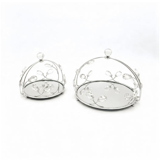 2 Piece Round Mirror Serving Tray Set Silver