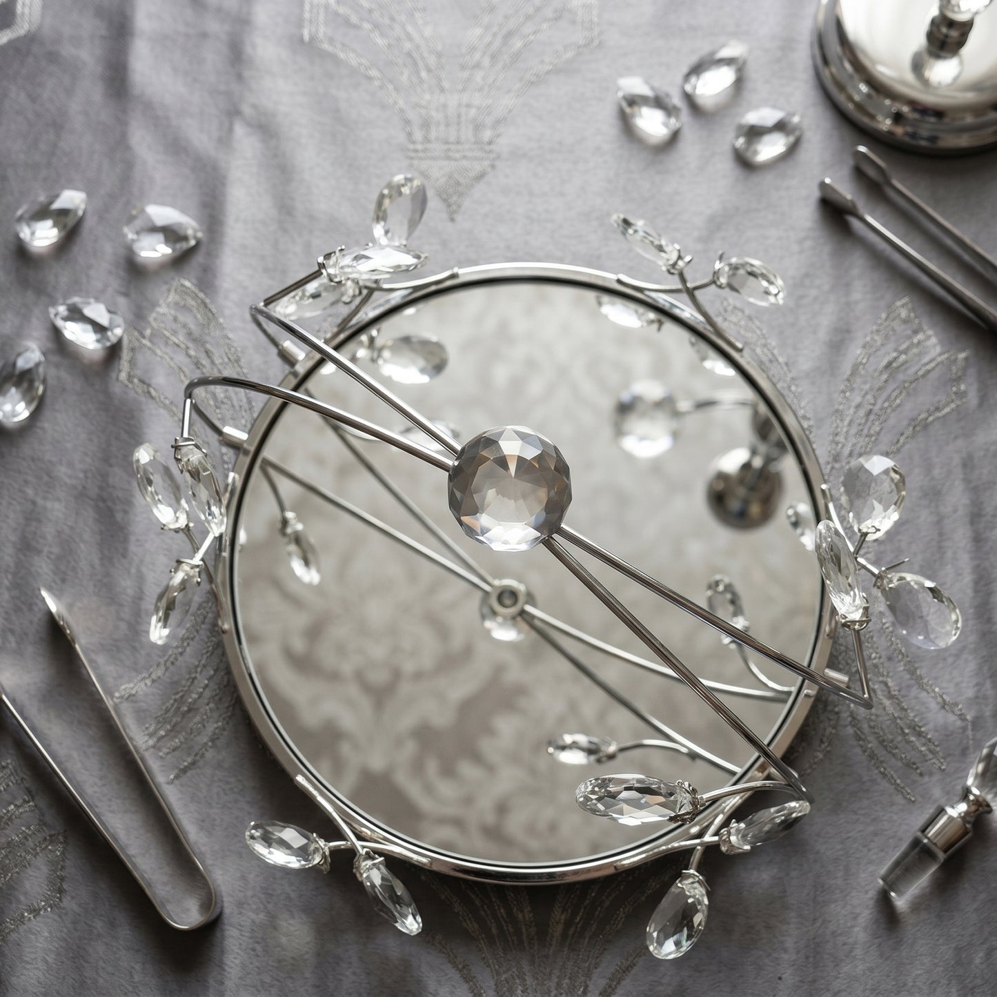 2 Piece Round Mirror Serving Tray Set Silver