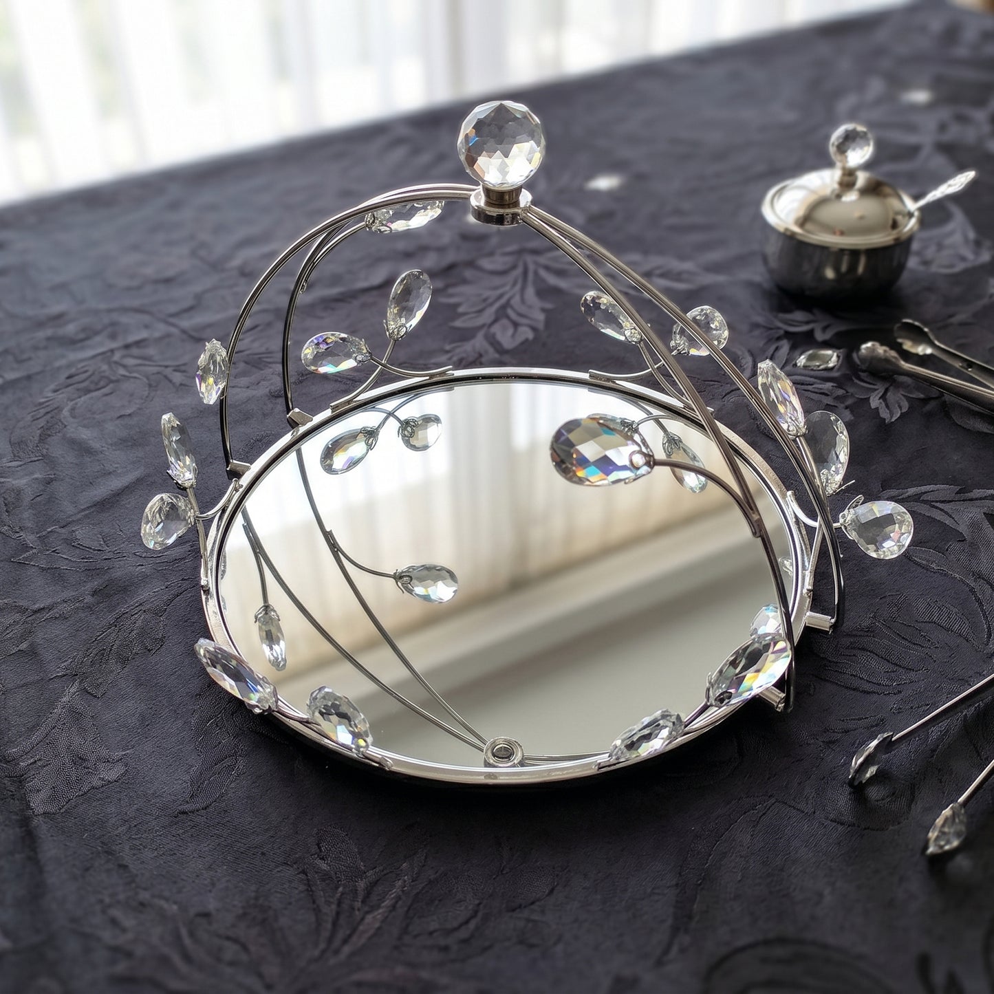 2 Piece Round Mirror Serving Tray Set Silver