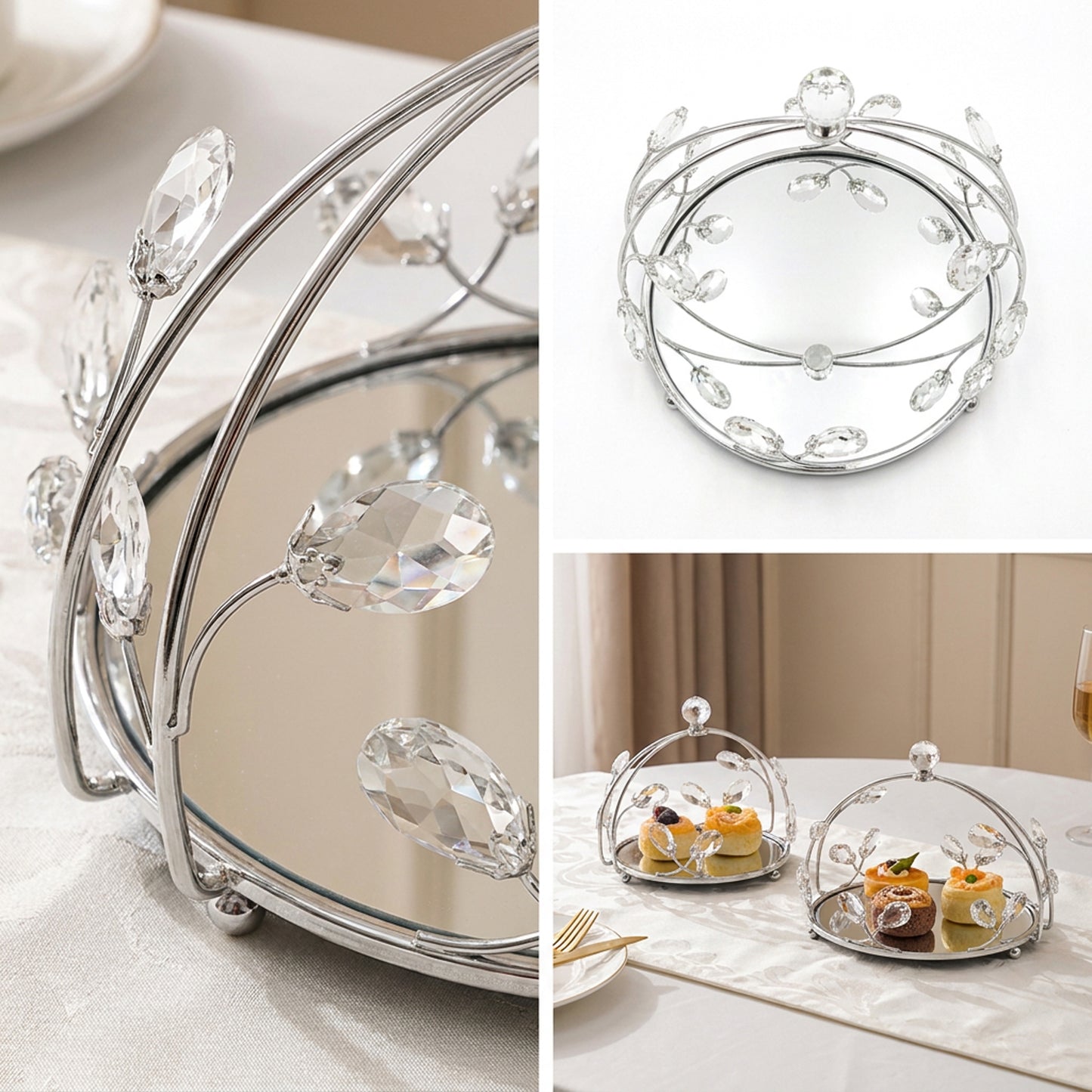 2 Piece Round Mirror Serving Tray Set Silver