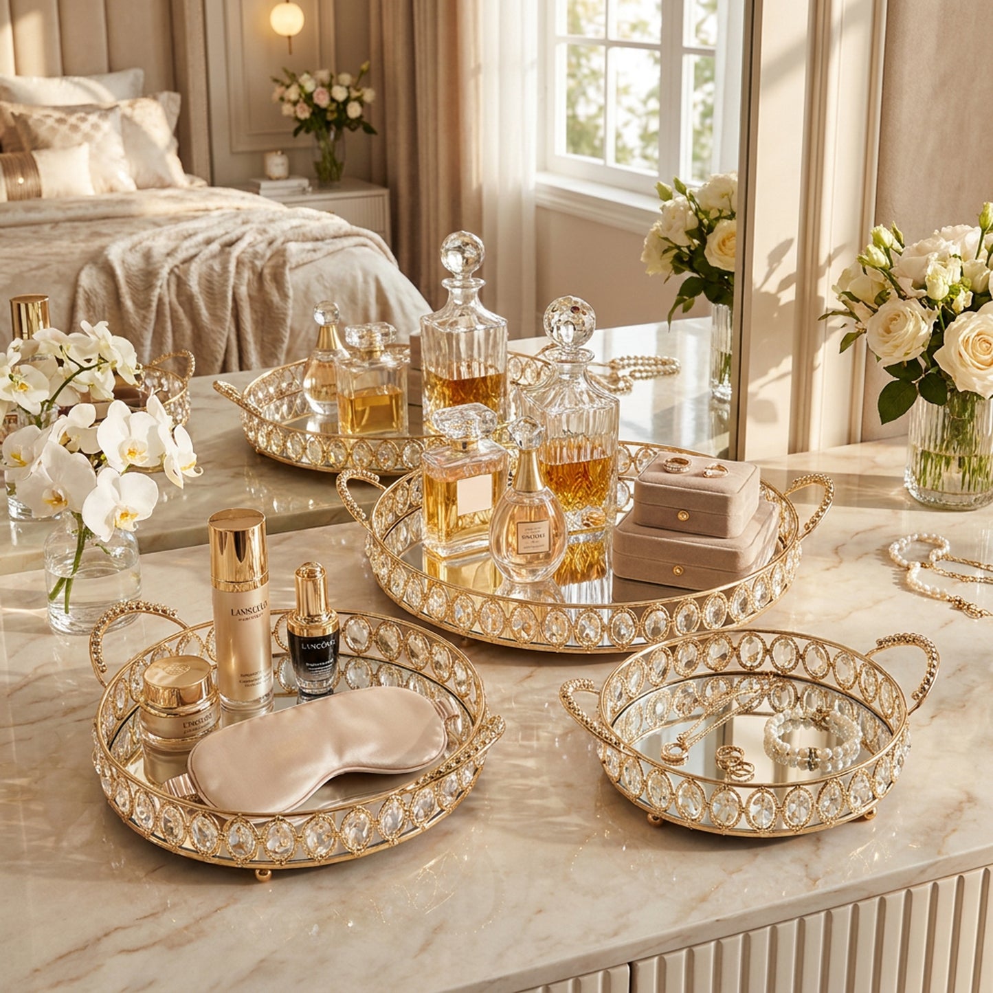 3 Piece Mirror Tray Set Gold