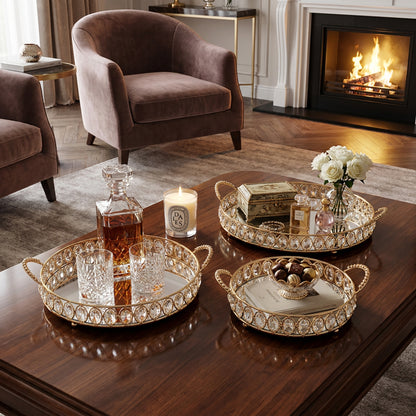 3 Piece Mirror Tray Set Gold