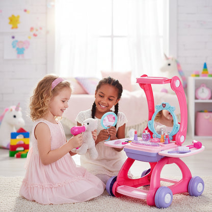 2-in-1 Shopping Trolley & Makeup Vanity Play Set Pink