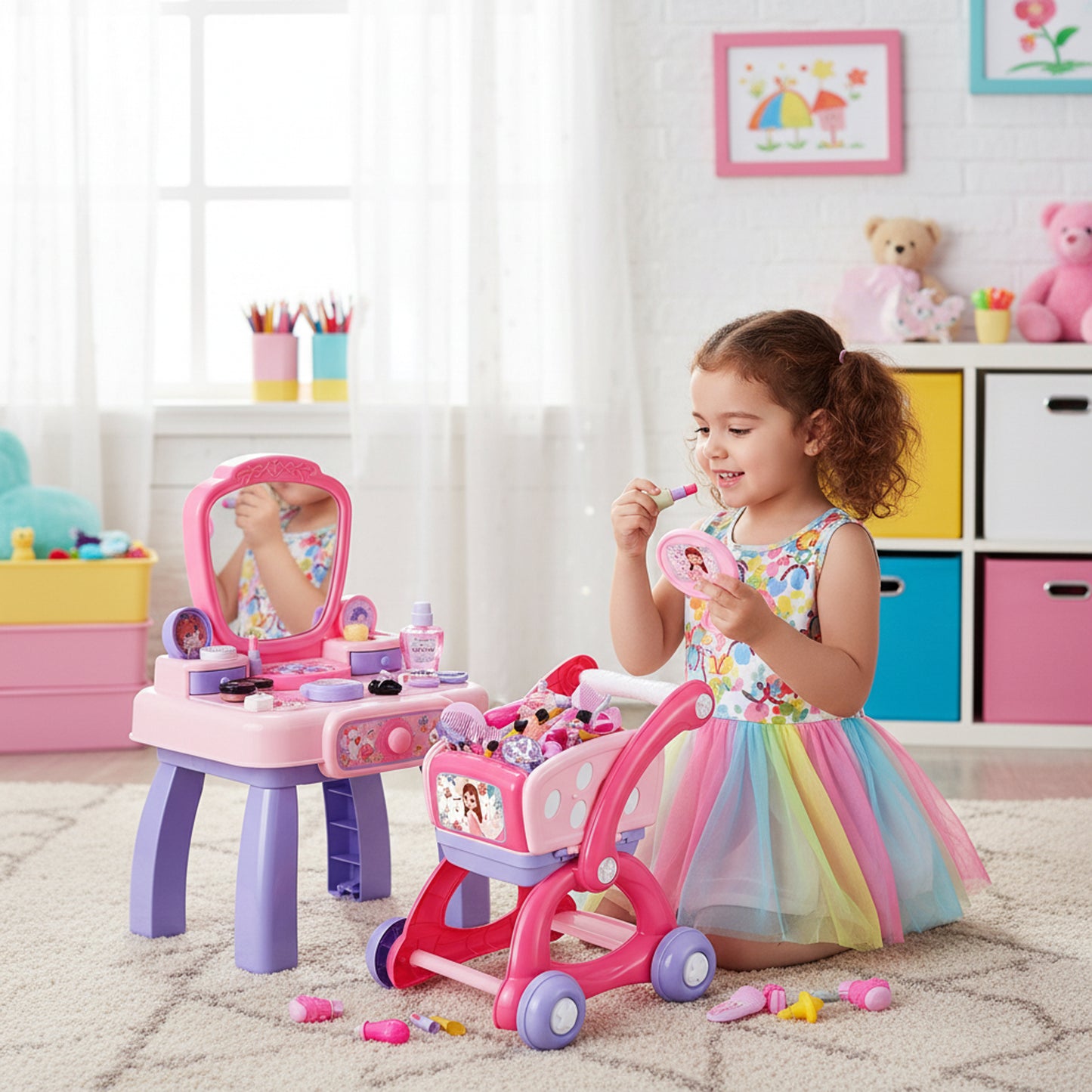 2-in-1 Shopping Trolley & Makeup Vanity Play Set Pink