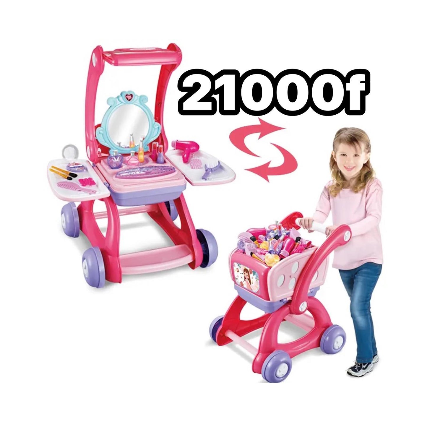 2-in-1 Shopping Trolley & Makeup Vanity Play Set Pink