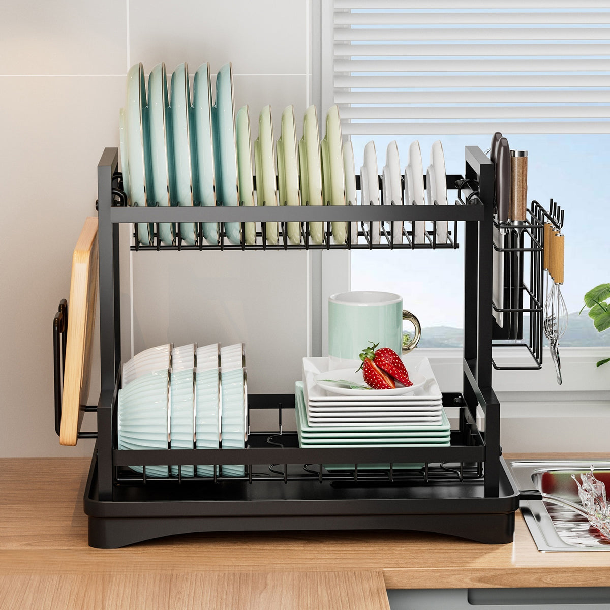 TC Kitchen Dish Rack H-Frame 2 Tier - Black