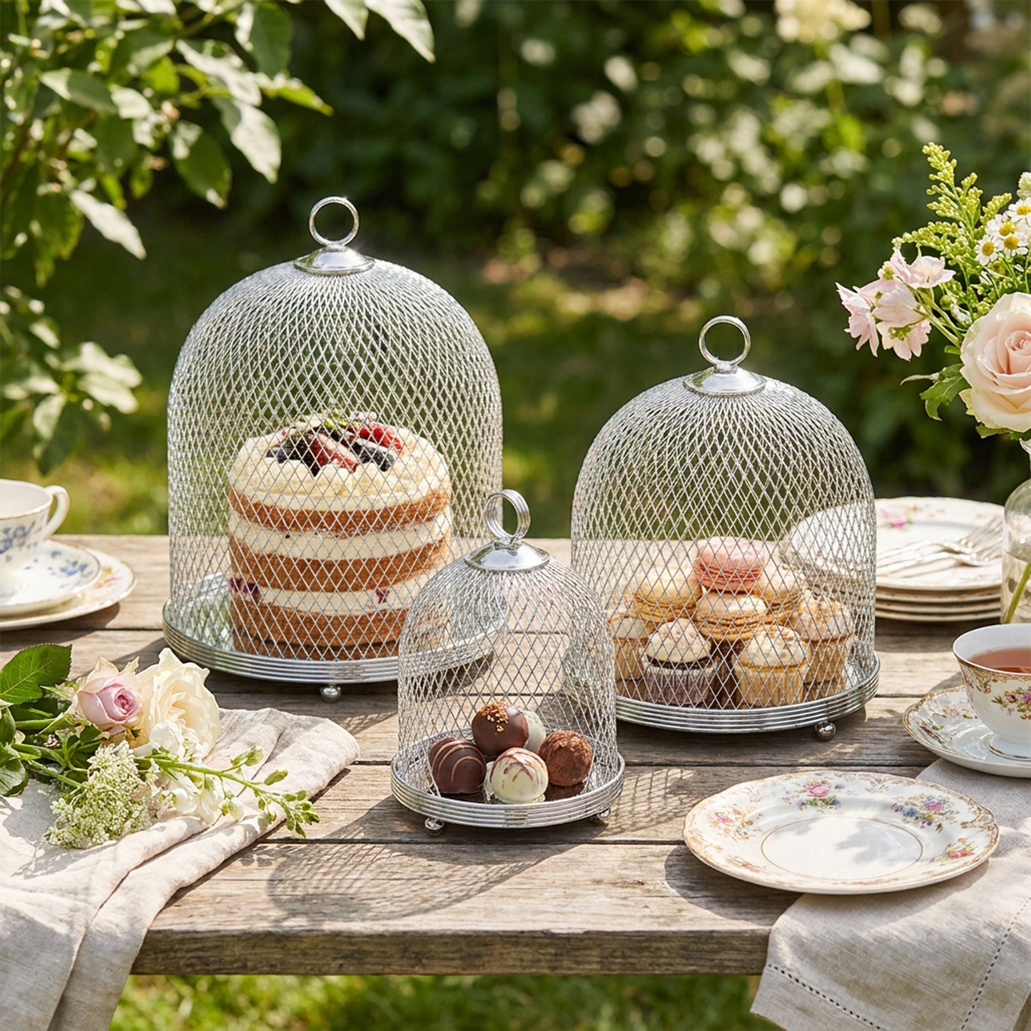 3 Piece Mesh Cake Storage Dome Set Silver